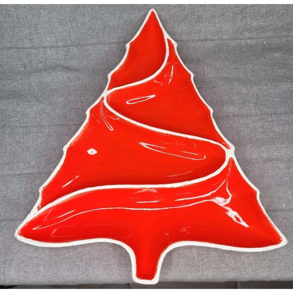 Vintage Ceramic Red Christmas Tree Divided Serving/Candy Dish Atlantic Mold MCM - Picture 2 of 7